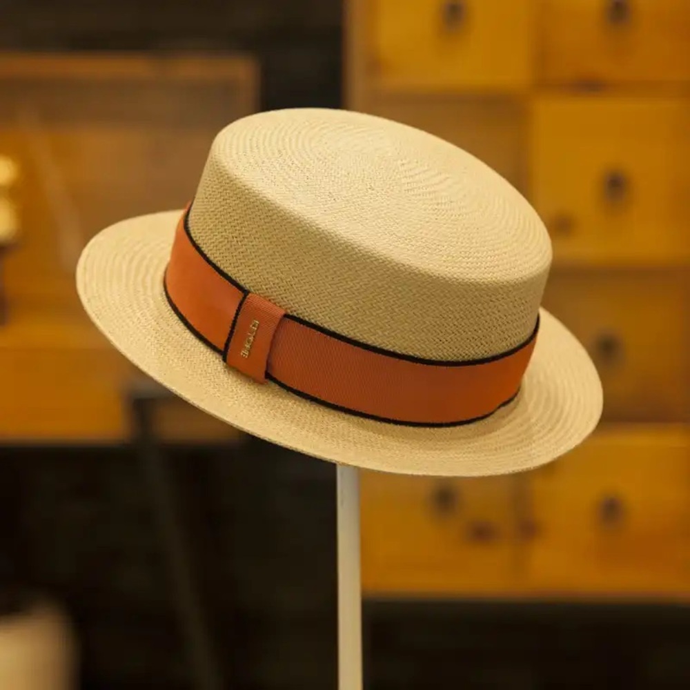 Beige Straw Boater Hat with Orange Band - Unbranded